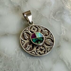 Sterling Silver Peruvian Inlay Round Pendant - Women Jewelry